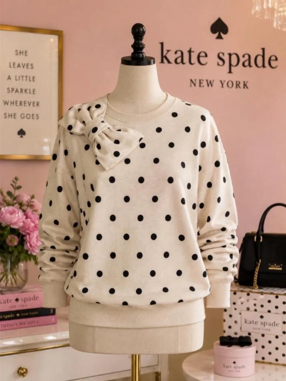 kate spade Cream Polka Dot Sweatshirt with Shoulder Bow
